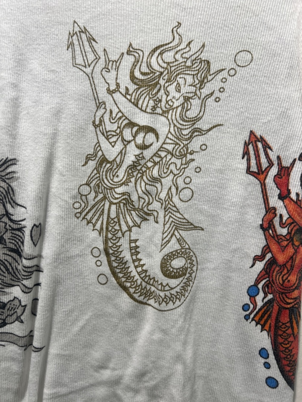 Ed Hardy White Long Sleeve V-Neck Top with Gold, Black and Red Graphics - Picture 3 of 9